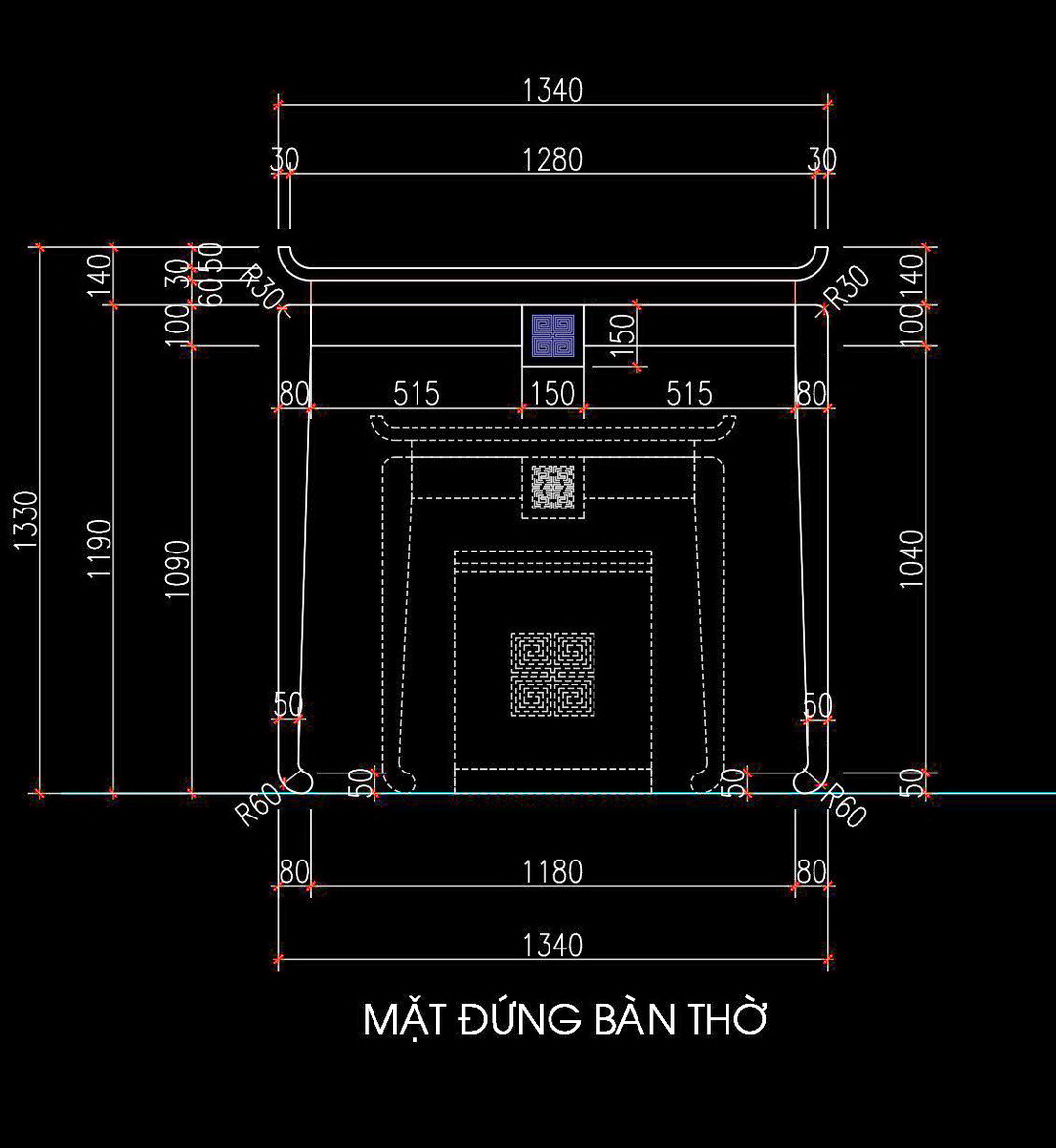 43. Bản vẽ chi tiết bàn thờ 1340x610mm miễn phí