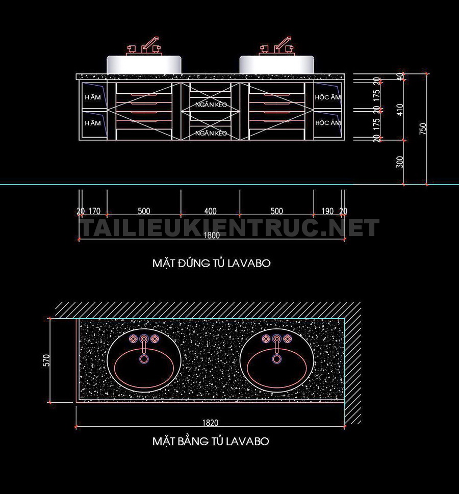 54. Bản vẽ chi tiết tủ lavabo đôi 1820x570mm tải miễn phí