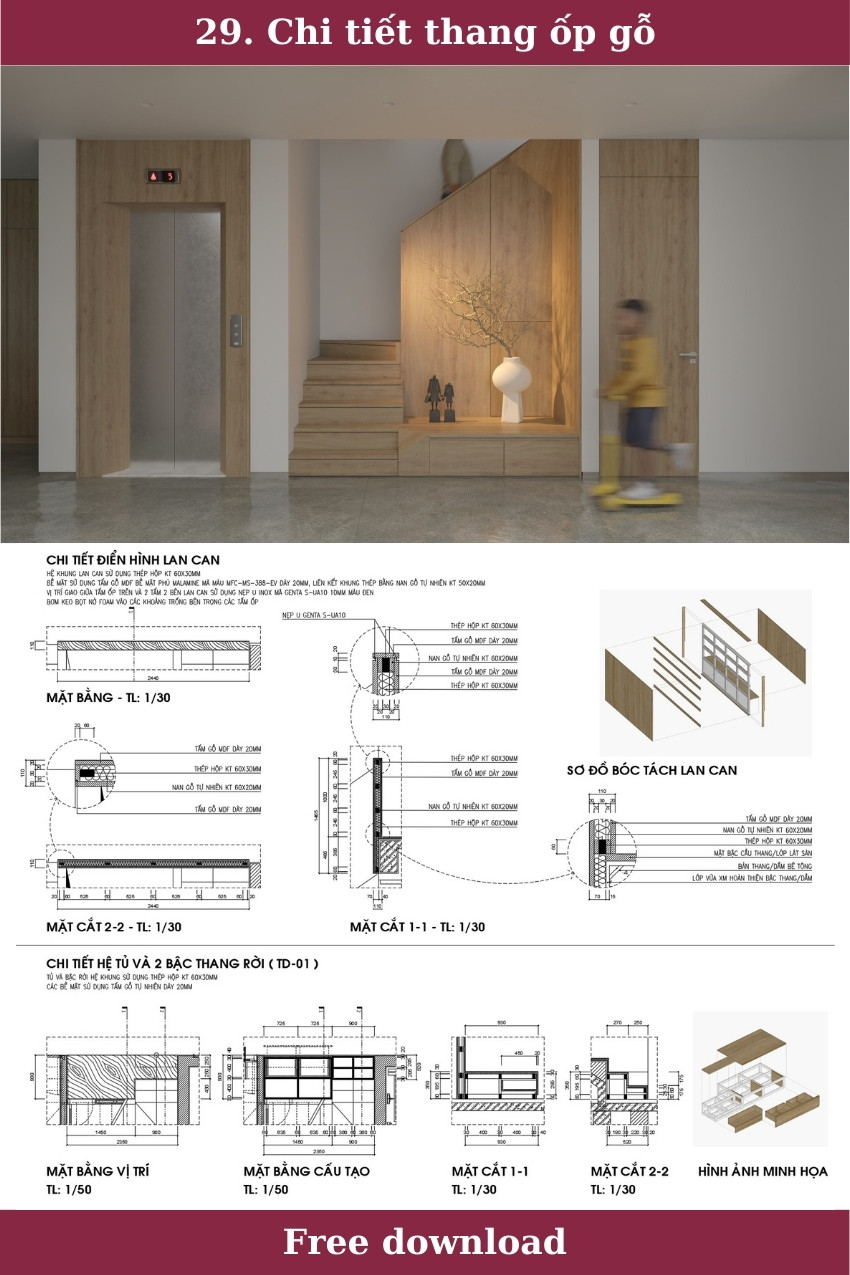 29. Bản vẽ autocad chi tiết thang ốp gỗ tải miễn phí