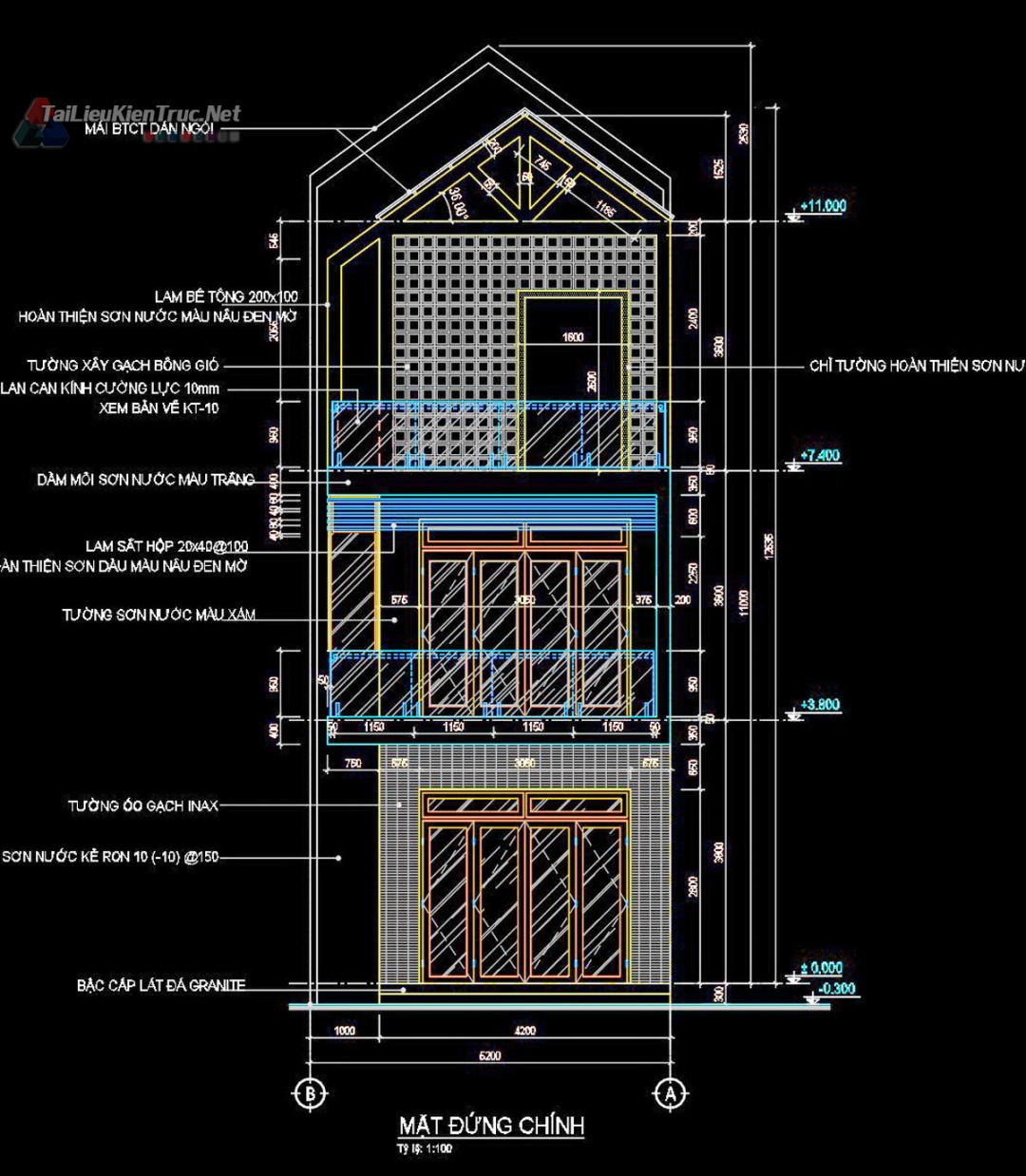 Hồ sơ thiết kế bản vẽ thi công nhà phố 3 tầng diện tích 5x14m 214 full kiến trúc, kết cấu, điện nước
