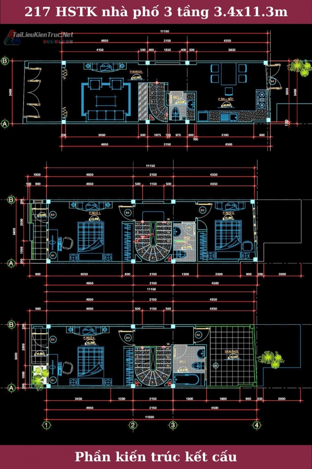 Hồ sơ thiết kế bản vẽ thi công nhà phố 3 tầng  diện tích 3.4x11.3m hiện đại 217 full kiến trúc, kết cấu