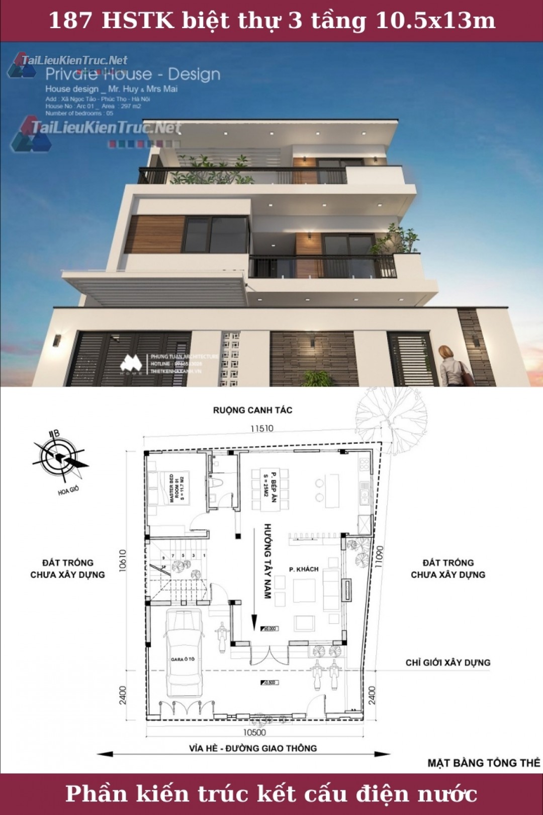 Hồ sơ thiết kế biệt thự 3 tầng diện tích 10.5x13m full kiến trúc, kết cấu, điện nước, dự toán và phối cảnh 187