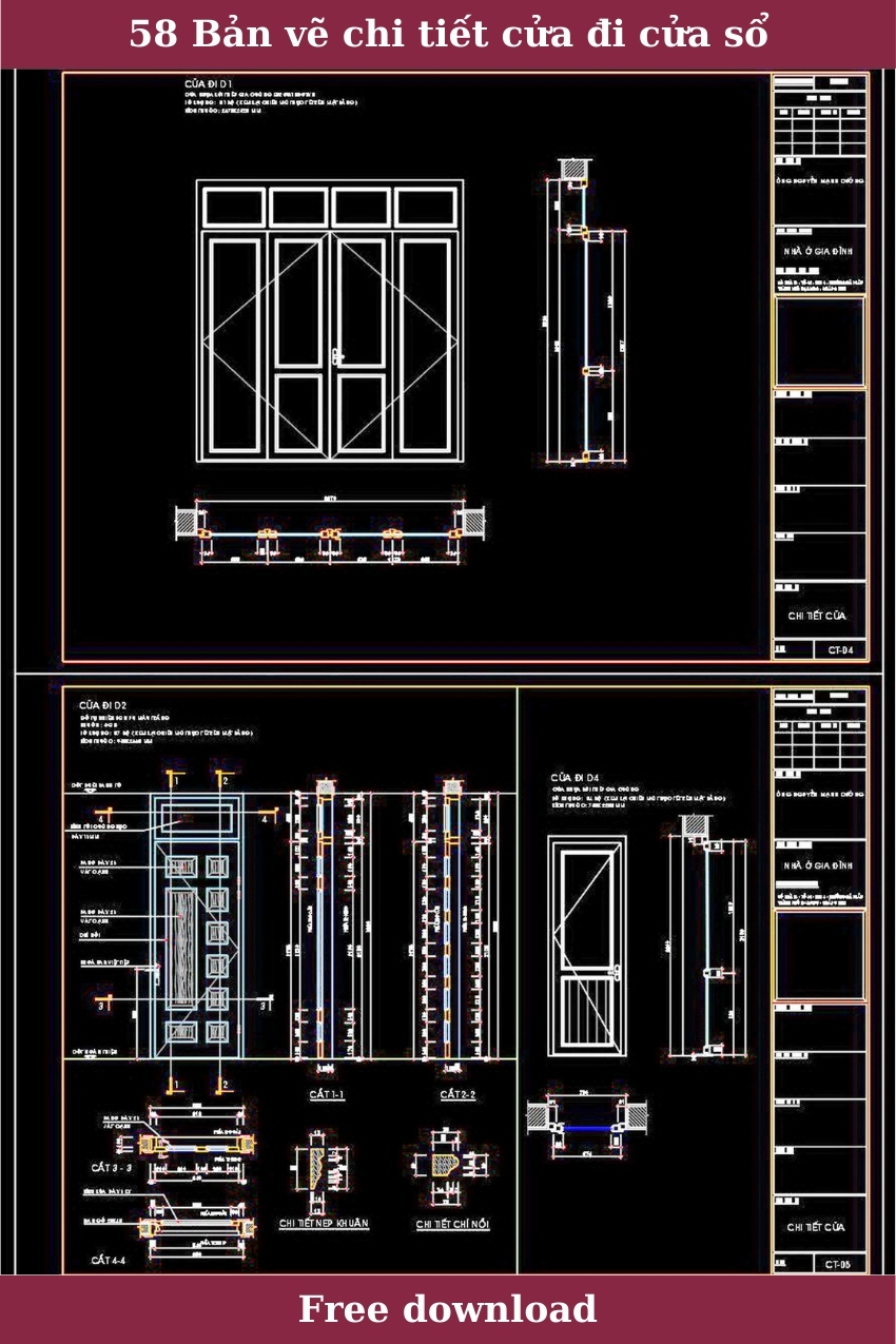 58. Bản vẽ chi tiết cửa đi cửa sổ gỗ tự nhiên, và cửa nhựa lõi thép