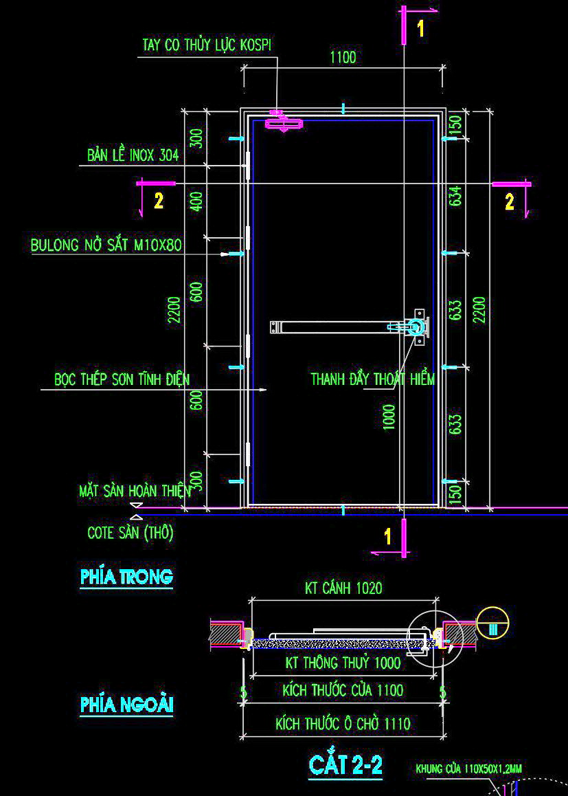 60. Bản vẽ chi tiết cửa chống cháy 1100x2200