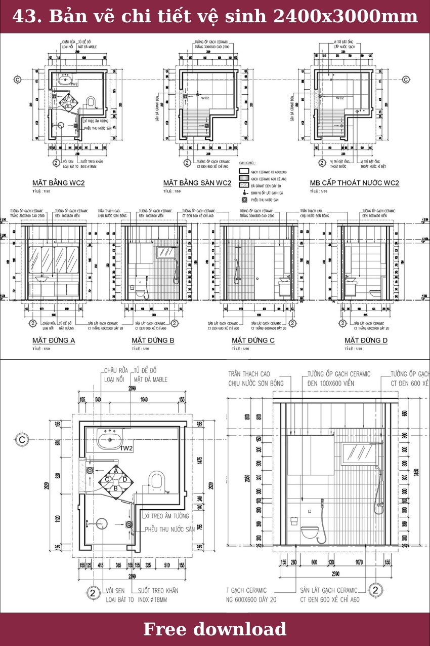 43. Bản vẽ chi tiết vệ sinh 2400x3000mm