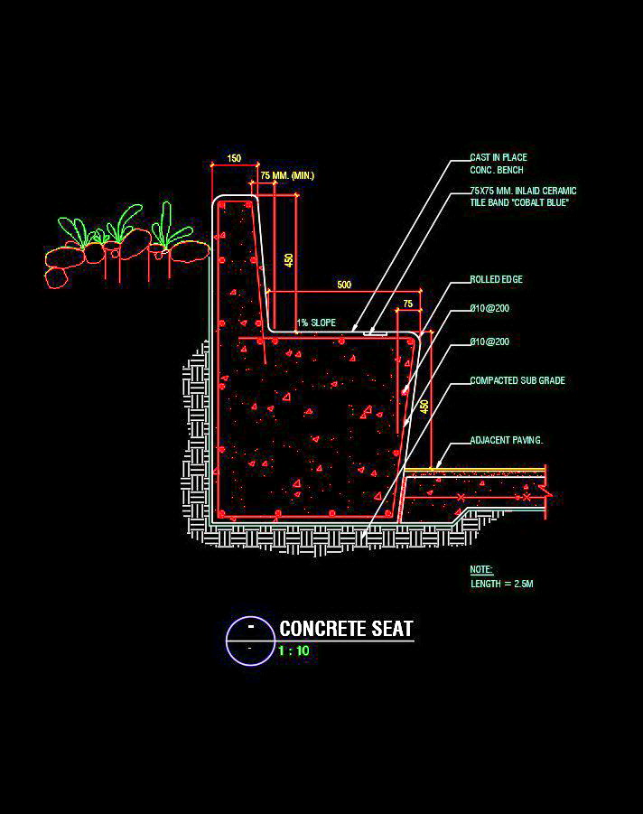 16. Chi tiết mặt cắt điển hình ghế bê tông