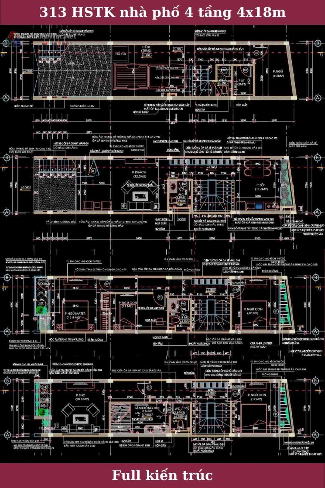 313. Hồ sơ thiết kế nhà phố 4 tầng 4x18m full kiến trúc
