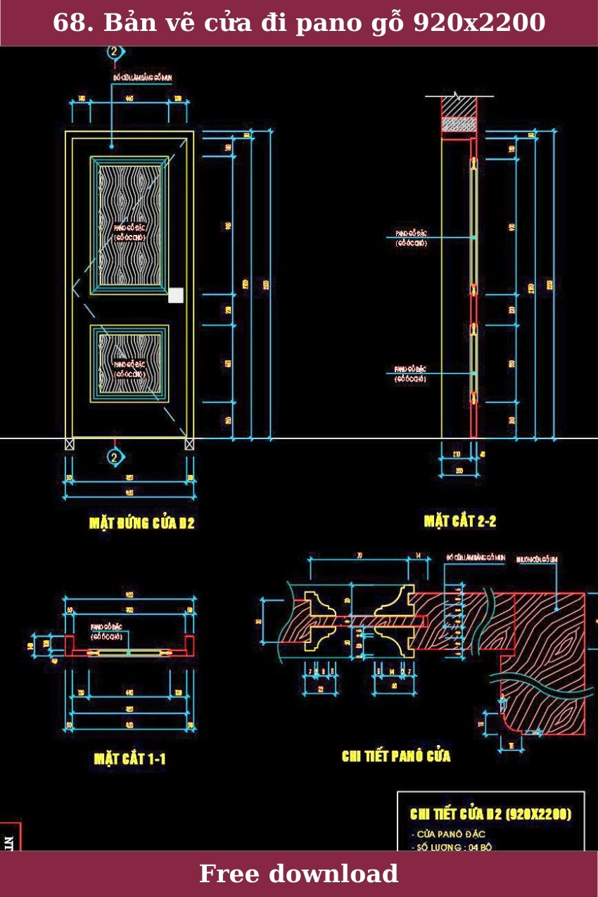 68. Bản vẽ chi tiết cửa đi pano gỗ 920x2200mm