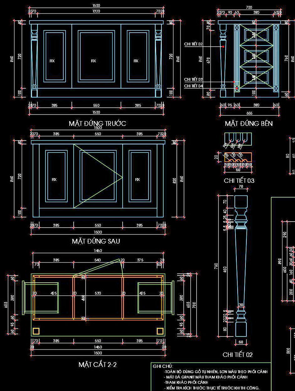 88. Bản vẽ chi tiết bàn đảo gỗ tự nhiên phong cách tân cổ điển