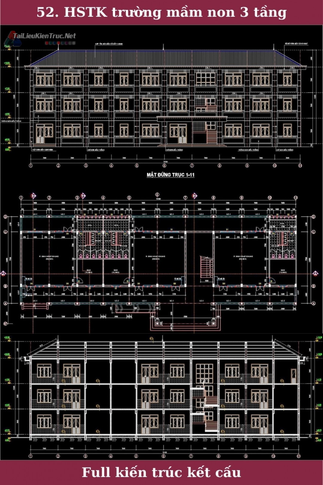 Hồ sơ thiết kế trường mầm non Đại Xuân 3 tầng full kiến trúc, kết cấu