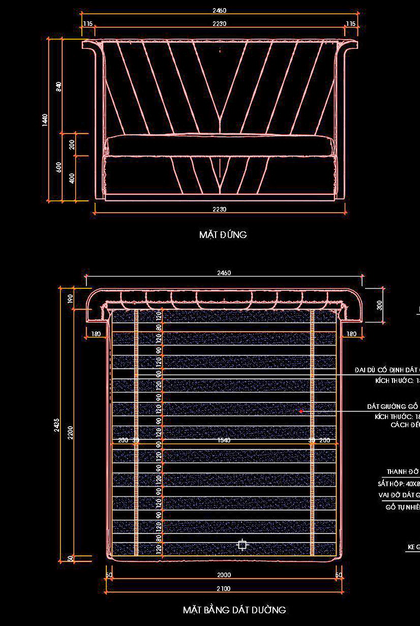 103. Bản vẽ Autocad giường 2000x2200