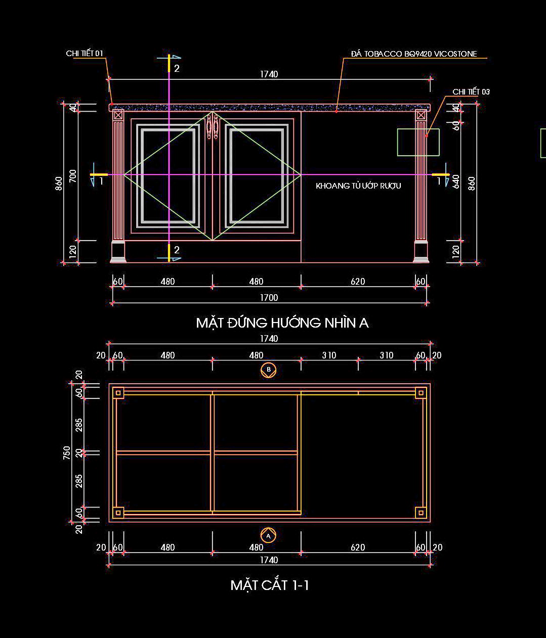 105. Bản vẽ chi tiết bàn đảo gỗ tự nhiên