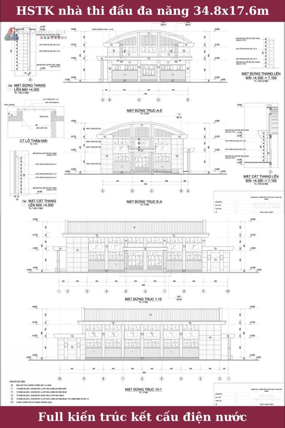 Hồ sơ thiết kế nhà thi đấu đa năng 34.8x17.6m full kiến trúc kết cấu điện nước
