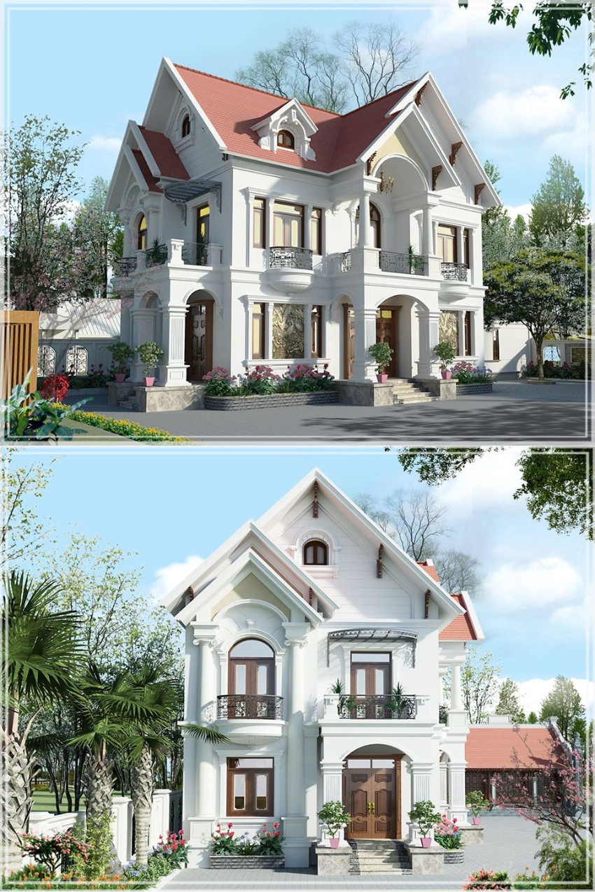 3. Phối cảnh Sketchup biệt thự 2 tầng mái dốc