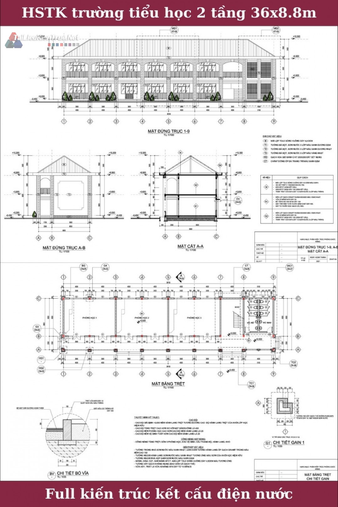 60. Hồ sơ thiết kế trường tiểu học 2 tầng 36x8.8m full kiến trúc kết cấu điện nước