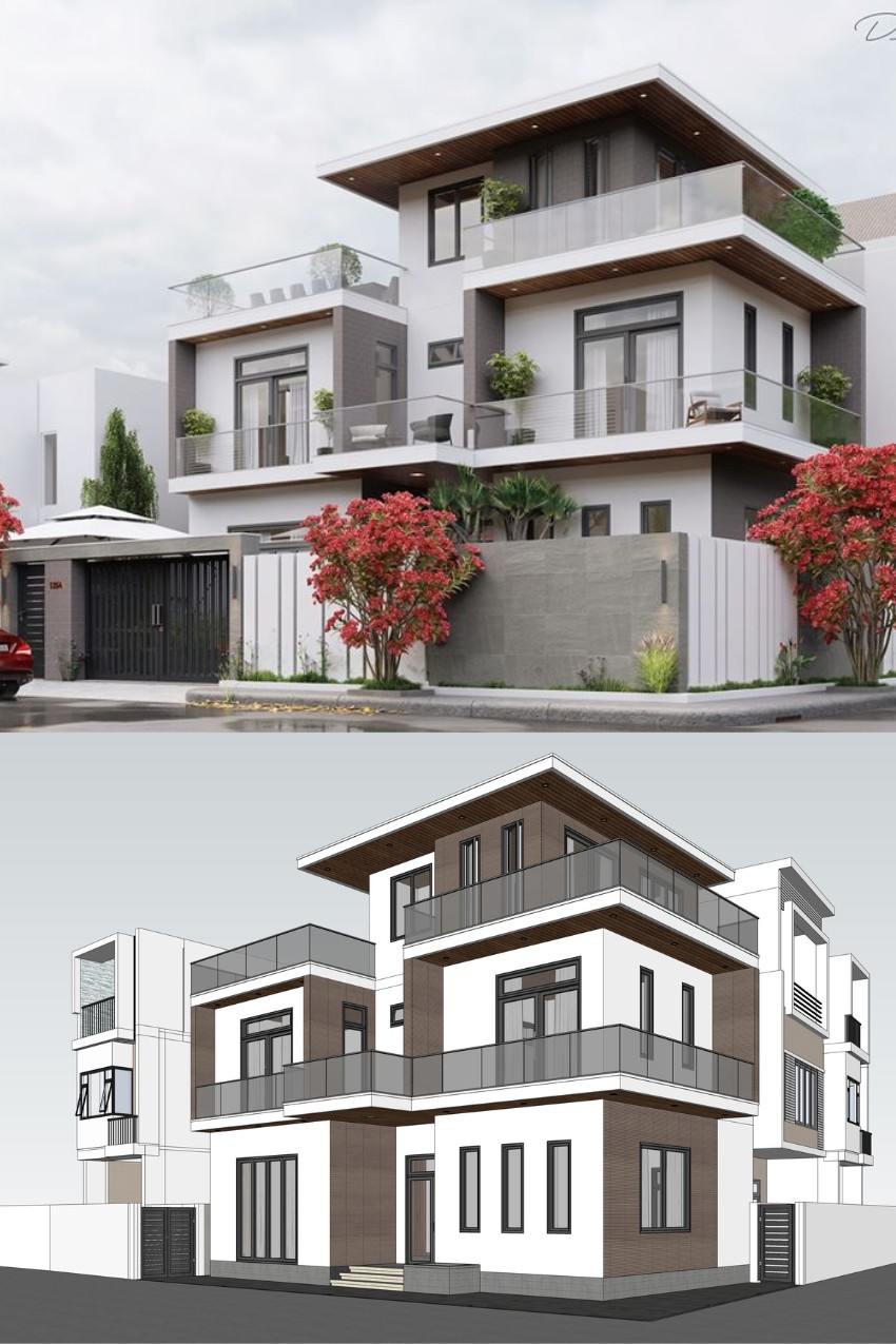 8. Phối cảnh biệt thự 3 tầng hiện đại file sketchup tác giả Ninh Minh Duc