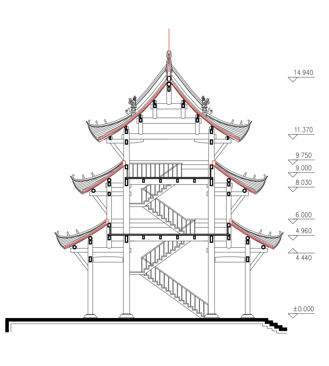 28. Bản vẽ mặt cắt tháp kiến trúc Trung Hoa 3 tầng