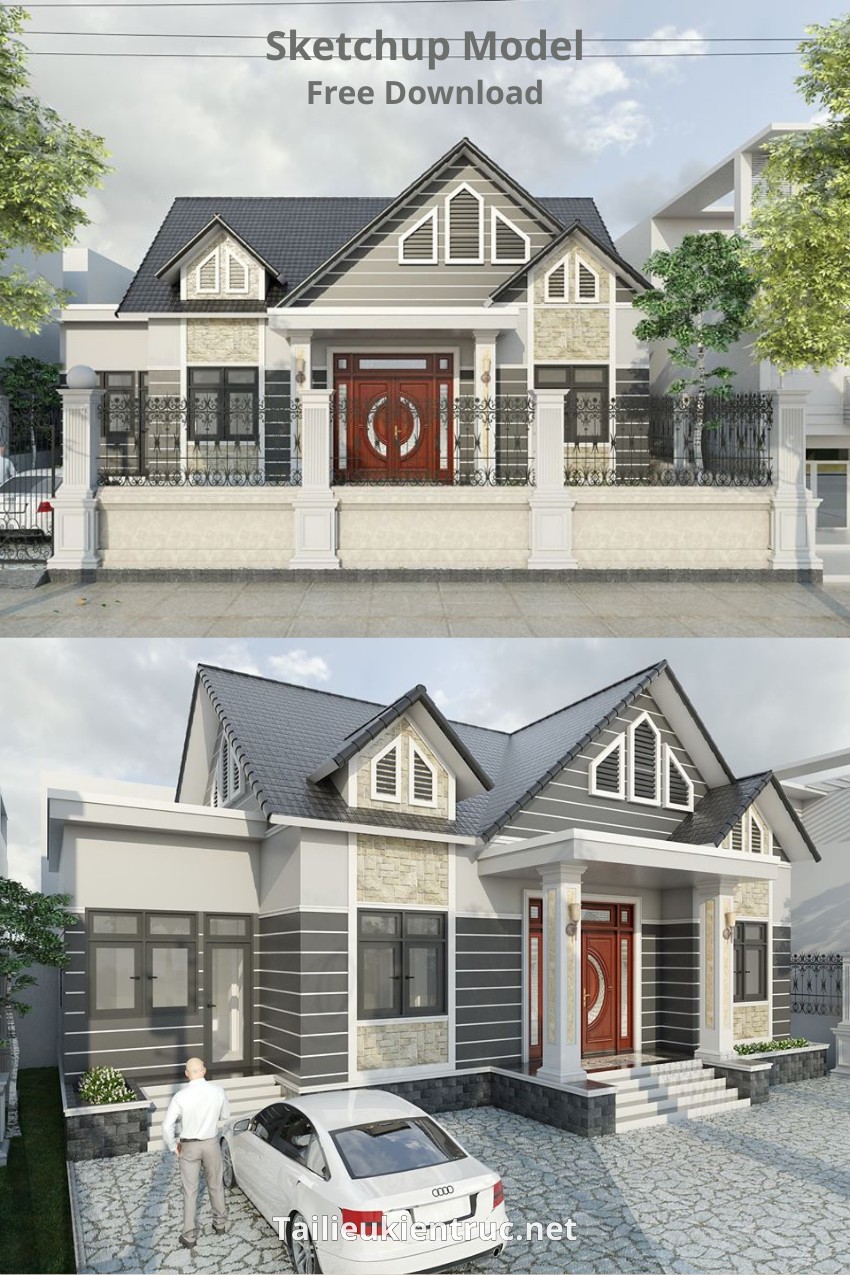 21. Phối cảnh Sketchup nhà vườn một tầng mái thái tác giả Atonio Ly