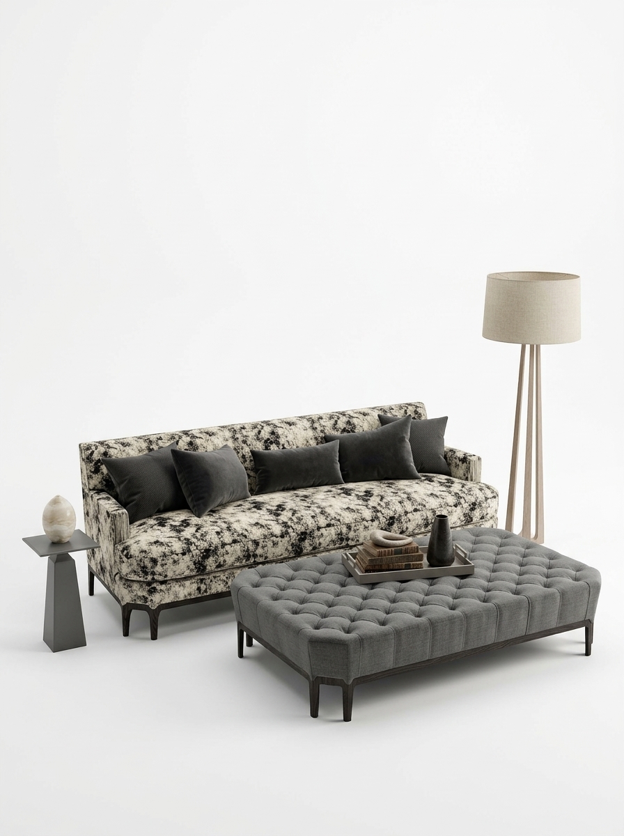 332. Bộ sofa nỉ họa tiết loang và đôn sofa rút múi hiện đại