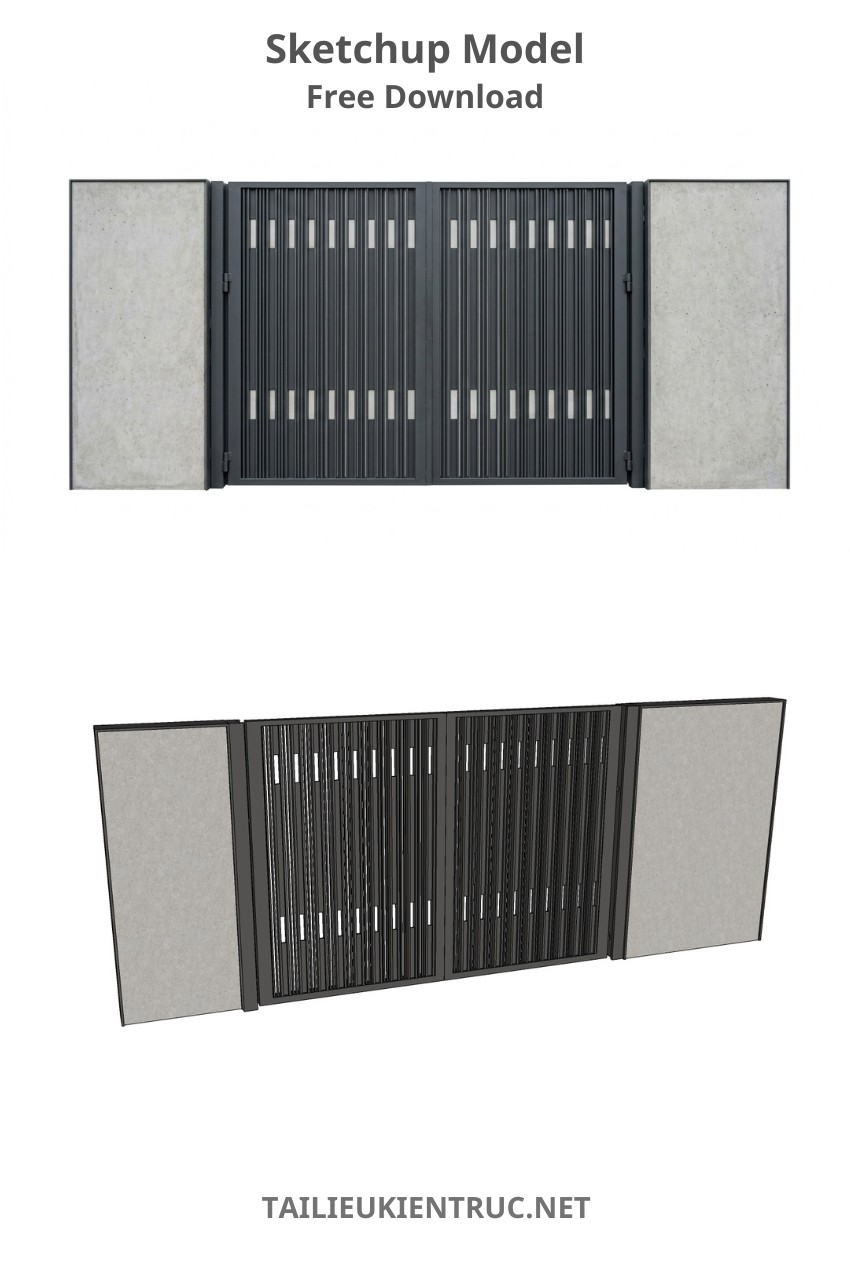 110. Mẫu cổng sắt nan dọc phối tường bê tông tối giản