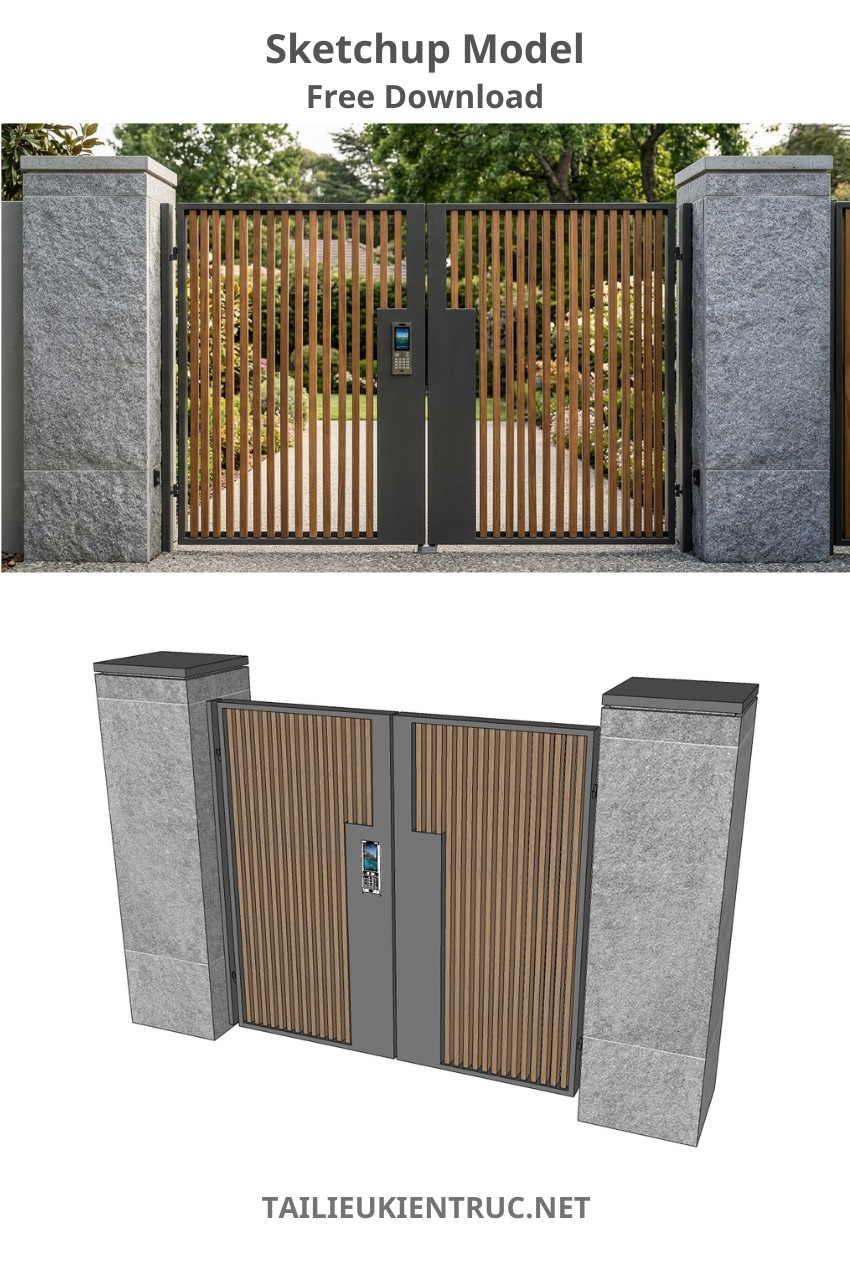 111. Model sketchup cổng sắt nan gỗ đẹp phối trụ đá tự nhiên hiện đại