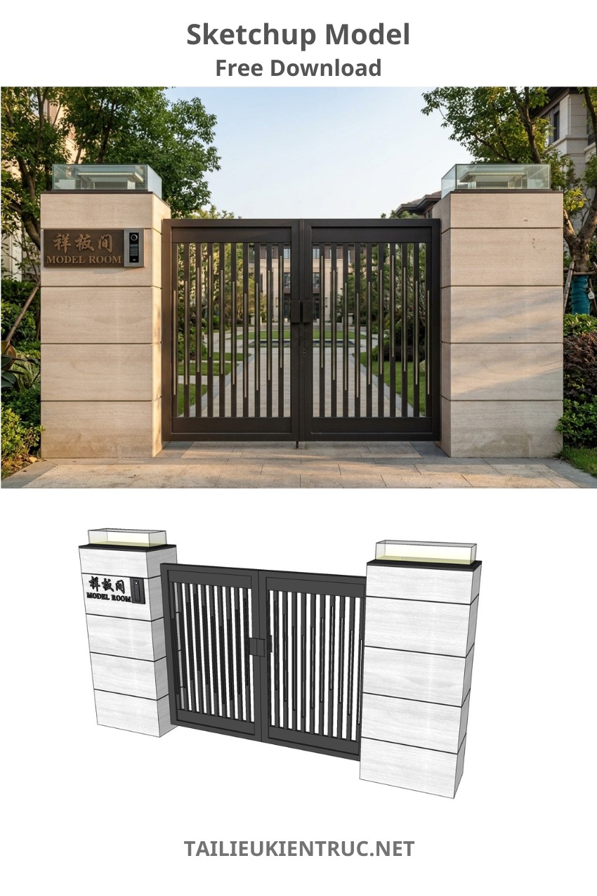 112. Sketchup model Hệ cổng sắt nan thoáng và trụ đá Granite vân ngang