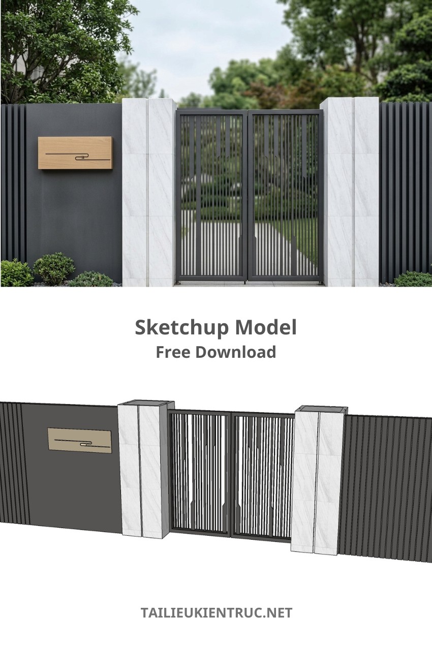 114. SKetchup model cổng sắt nan thoáng và tường bao trang trí hiện đại