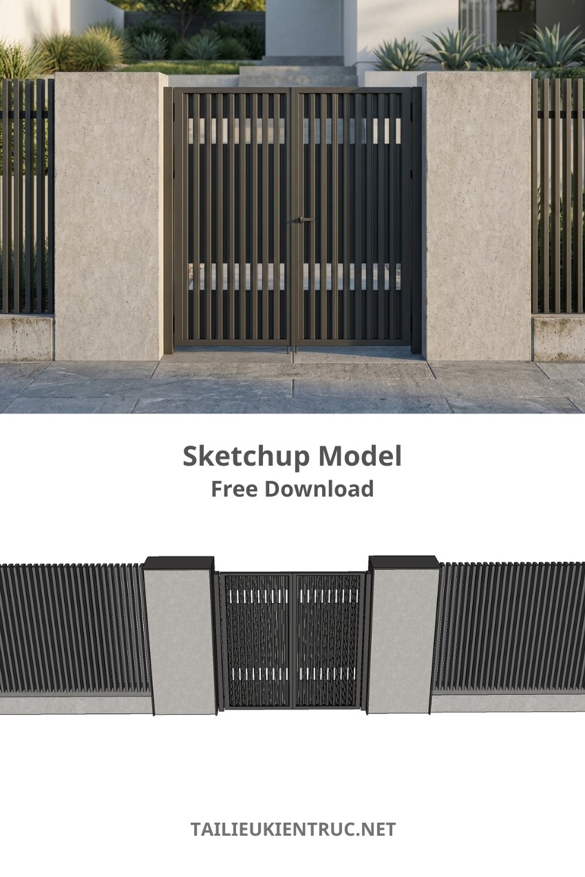 115. Model SketchUp Cổng tường rào hiện đại nan sắt hộp