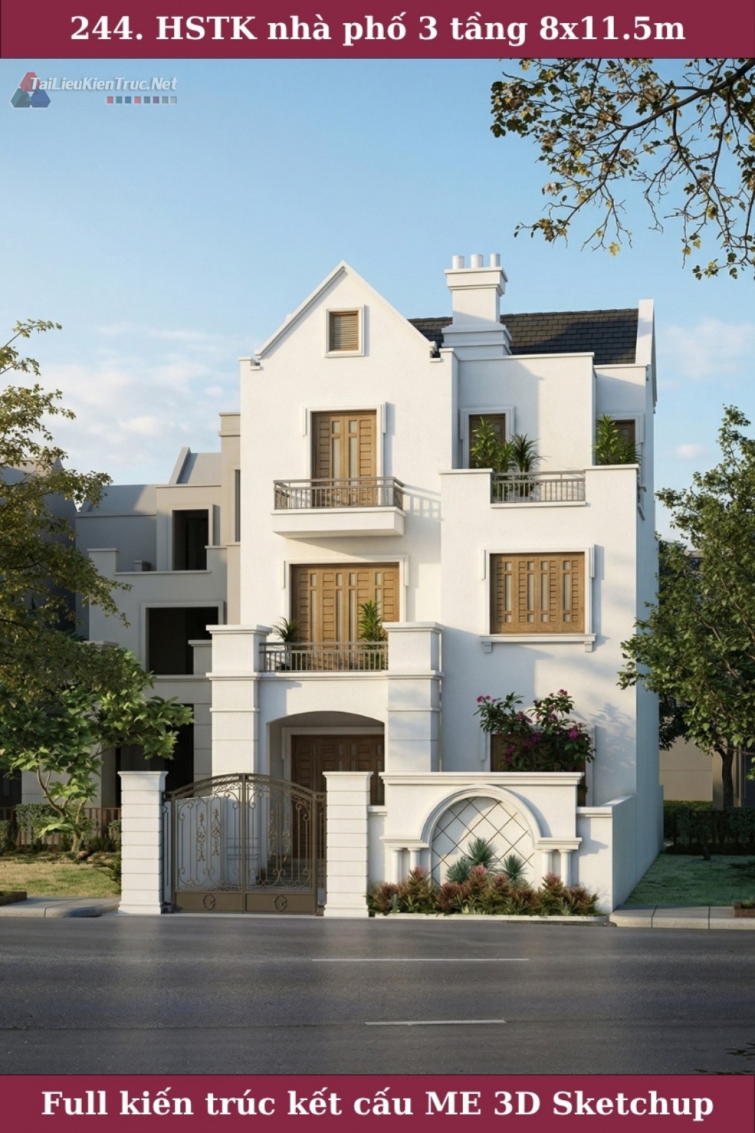 Hồ sơ thiết kế bản vẽ thi công nhà phố 3 tầng diện tích 8x11.5m 244 full kiến trúc, kết cấu, điện nước, phối cảnh sketchup
