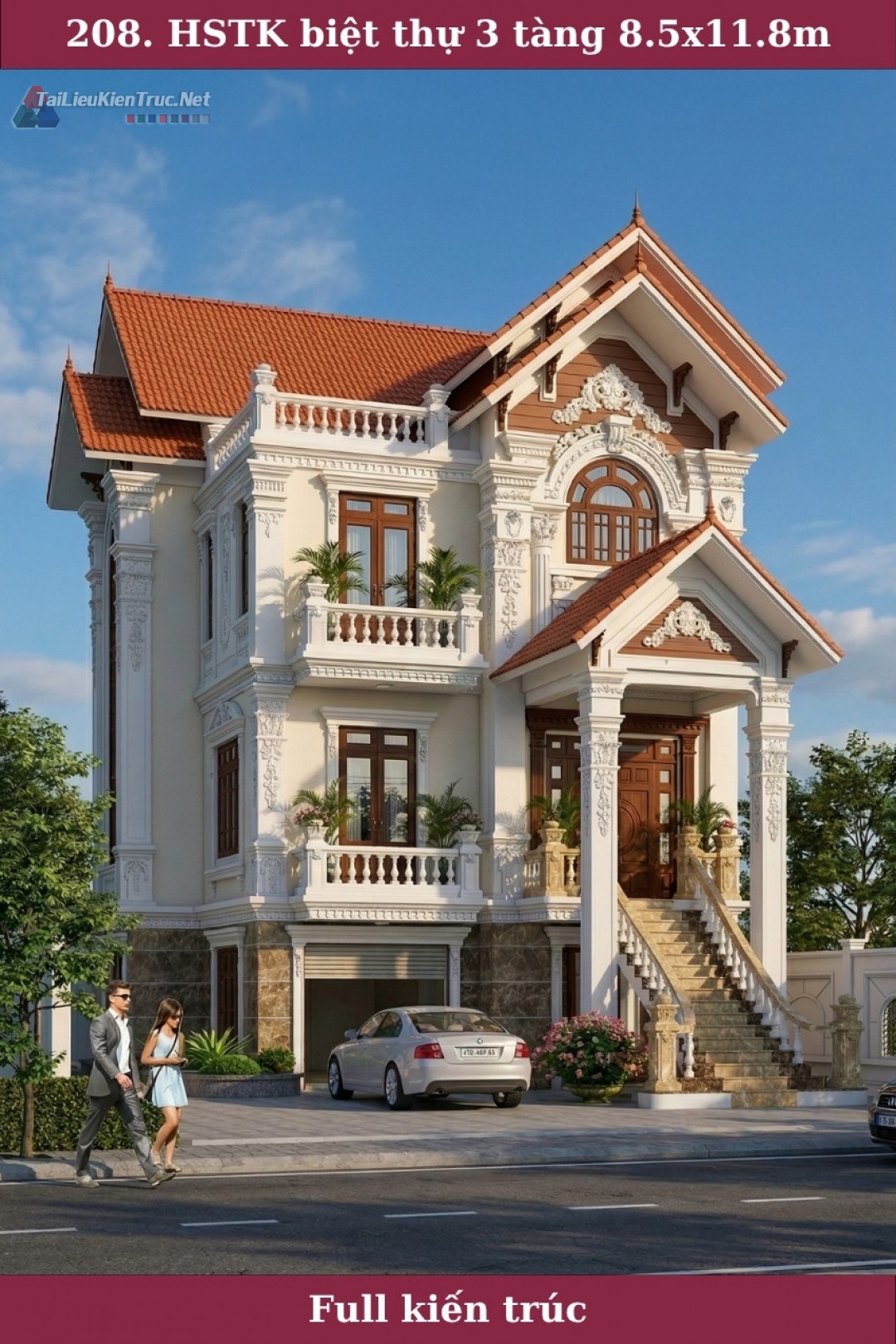 Hồ sơ thiết kế thi công biệt thự tân cổ điển pháp cổ 3 tầng kích thước 8,5x11,8m 0208 full kiến trúc