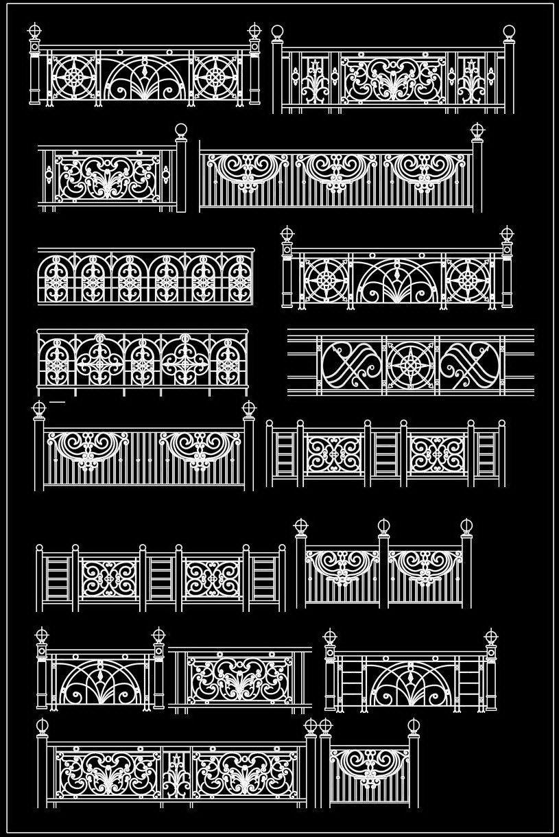 15. Bản vẽ Autocad lan can sắt mỹ thuật tân cổ điển