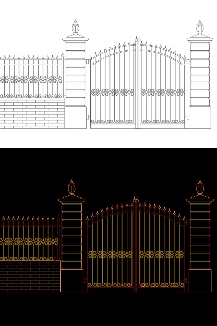 10. Bản vẽ autocad mặt đứng cổng tường rào hoa sắt mỹ thuật