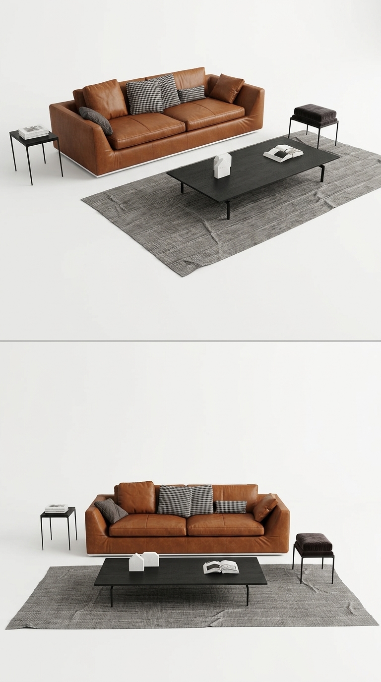 347. Thư viện SketchUp setup phòng khách tối giản với sofa da nâu và bàn trà gỗ đen