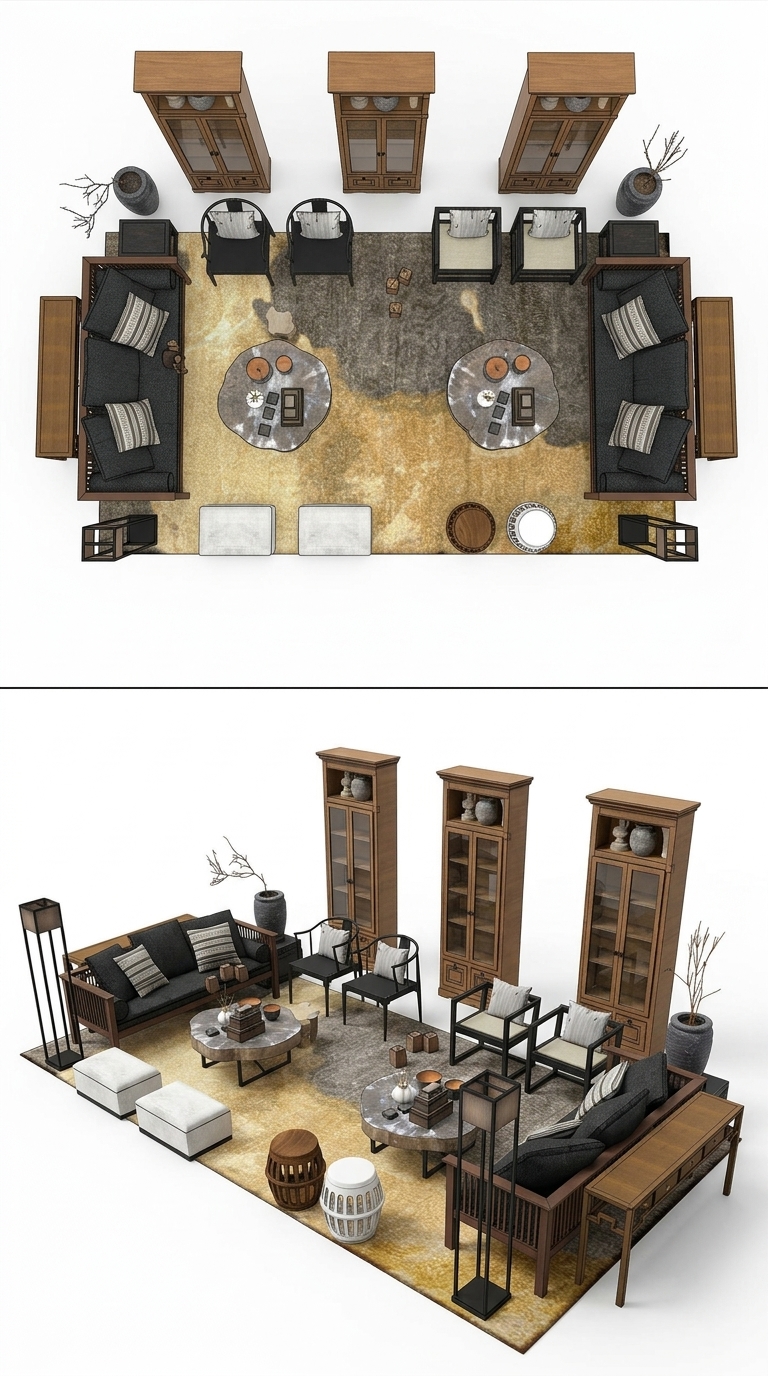 348. Model SketchUp không gian phòng khách Á Đông đương đại