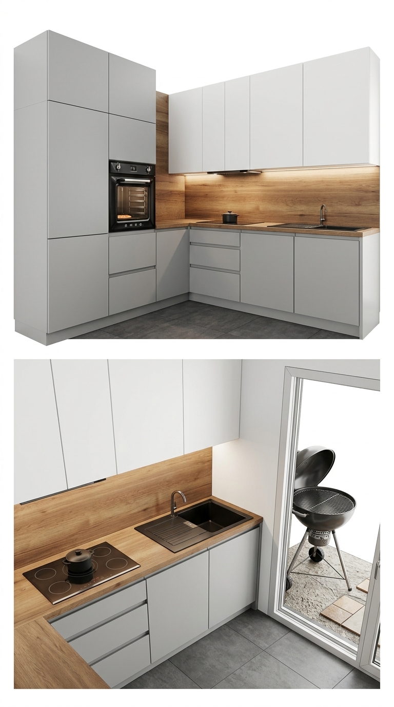 17. Model Sketchup hệ tủ bếp chữ L tone xám trắng thanh lịch