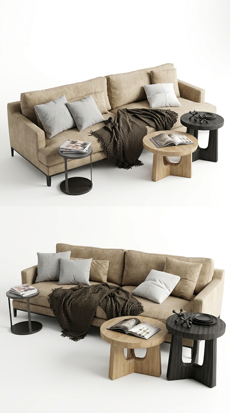 351. Tải File SketchUp sofa vải bố (Canvas) kèm decor gối ôm và bàn trà nghệ thuật