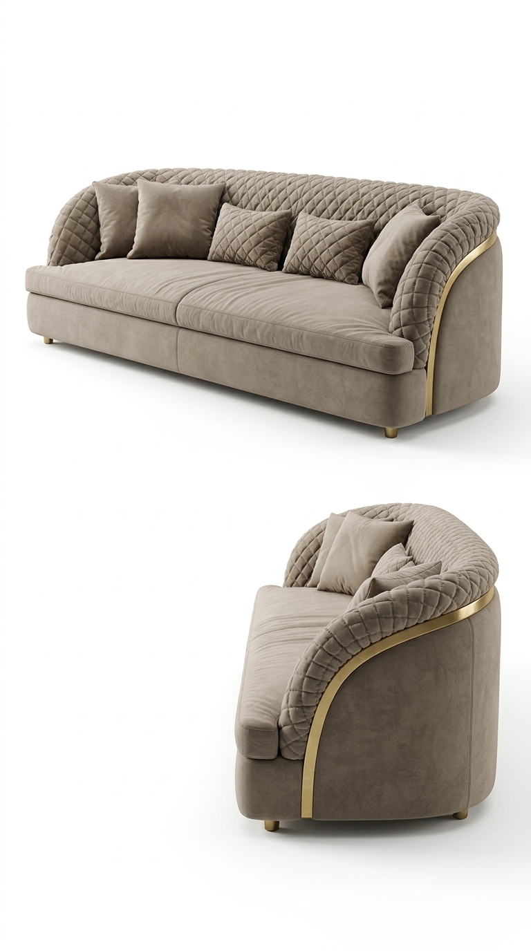 352. Tải miễn phí Model SketchUp sofa nỉ tân cổ điển chần chỉ hình quả trám điểm chi tiết inox mạ vàng cao cấp