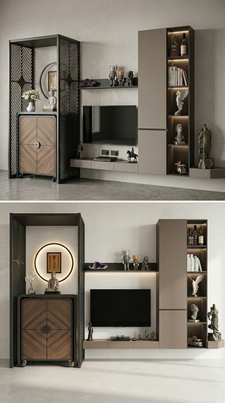 1. Model SketchUp kệ tivi hiện đại kết hợp không gian thờ trang trọng (Tải miễn phí)