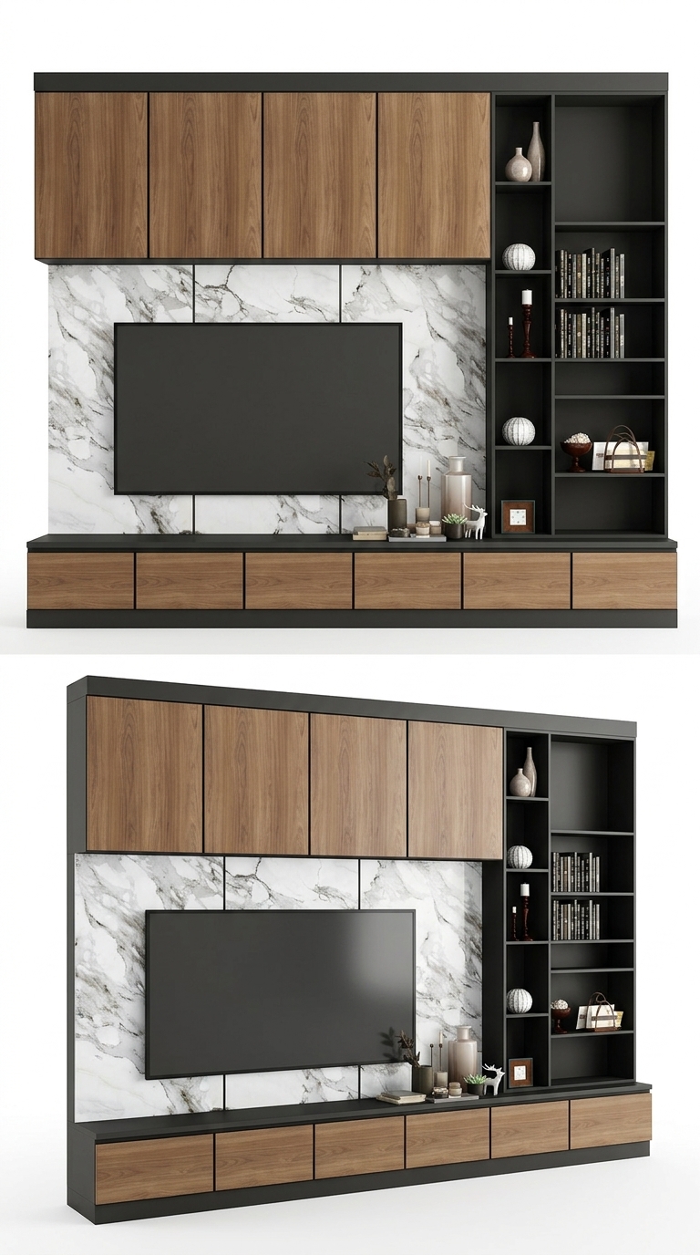 2. Tải miễn phí Model SketchUp hệ tủ tivi kịch trần phối vách đá marble đẳng cấp