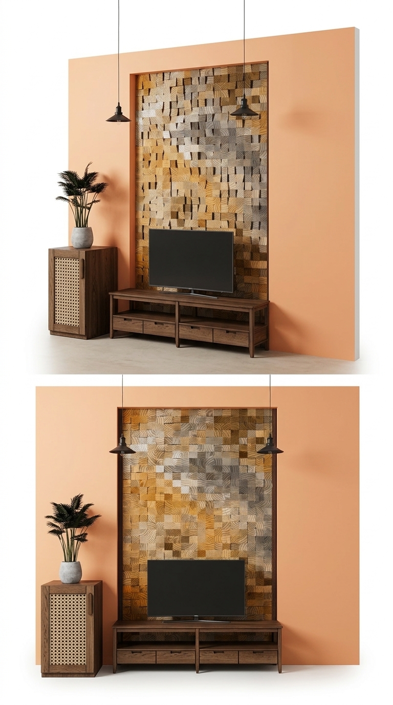 3. Model SketchUp kệ tivi gỗ tối giản với vách trang trí diện tường mộc mạc (Free Download)