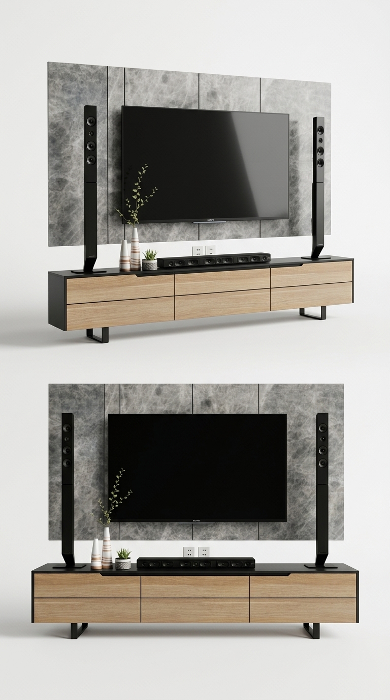 5. Model SketchUp kệ tivi chân sắt hiện đại phối vách đá vân mây sang trọng (Tải miễn phí)