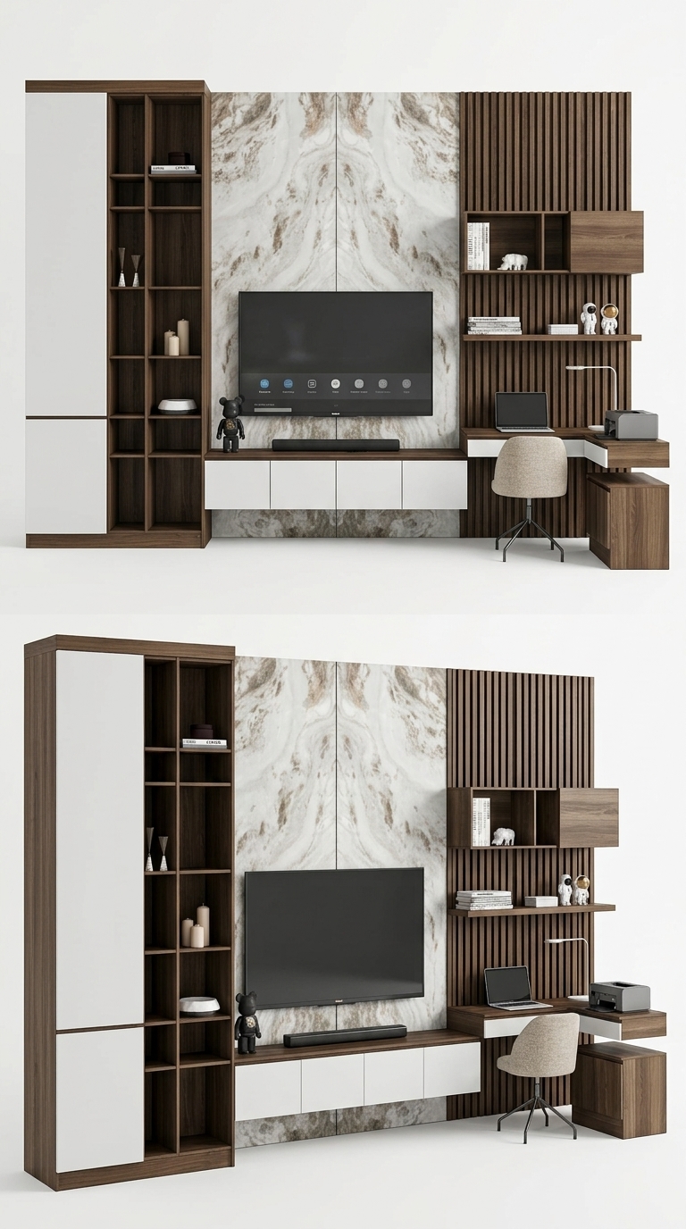 6. Tải miễn phí Model SketchUp hệ tủ tivi đa năng kết hợp góc làm việc và vách nan gỗ