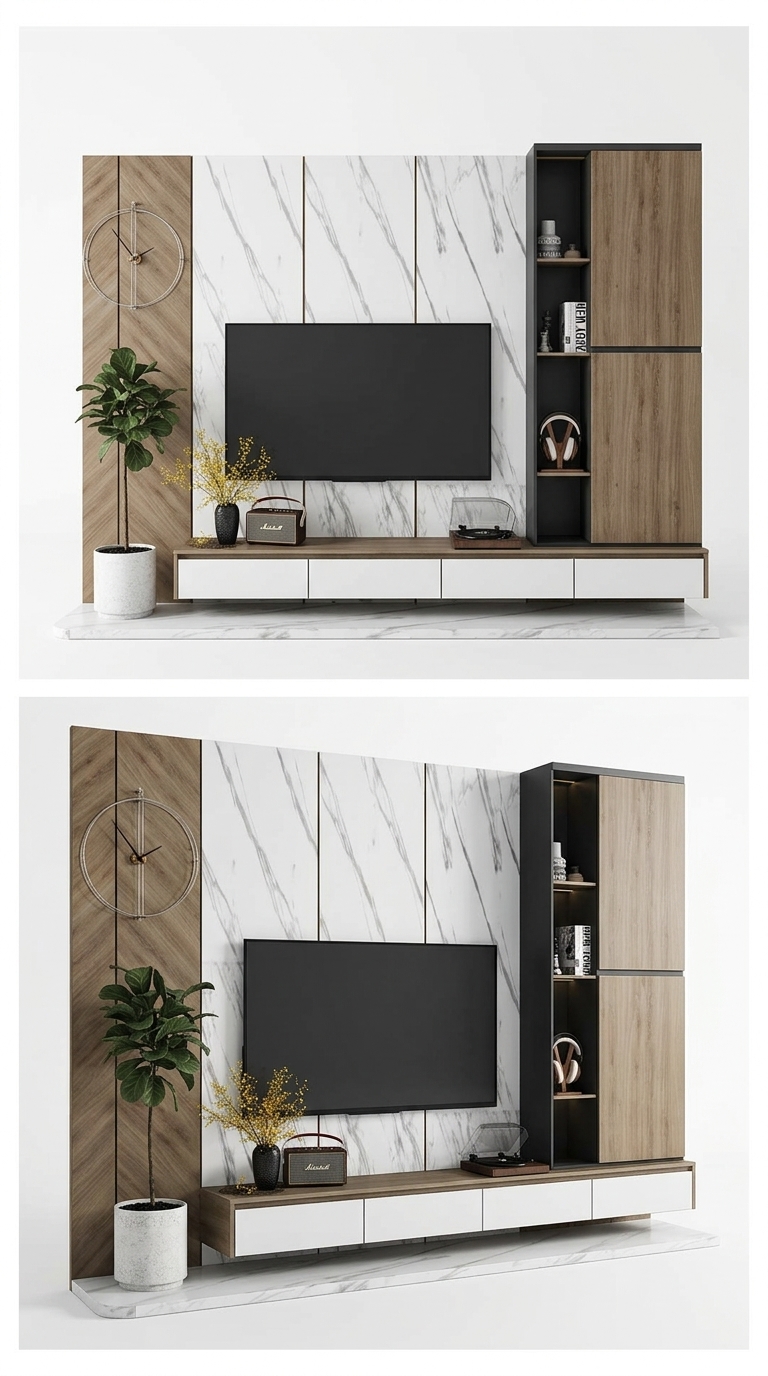 7. Model SketchUp kệ tivi treo tường phong cách hiện đại phối đá trắng và gỗ (Free Download)