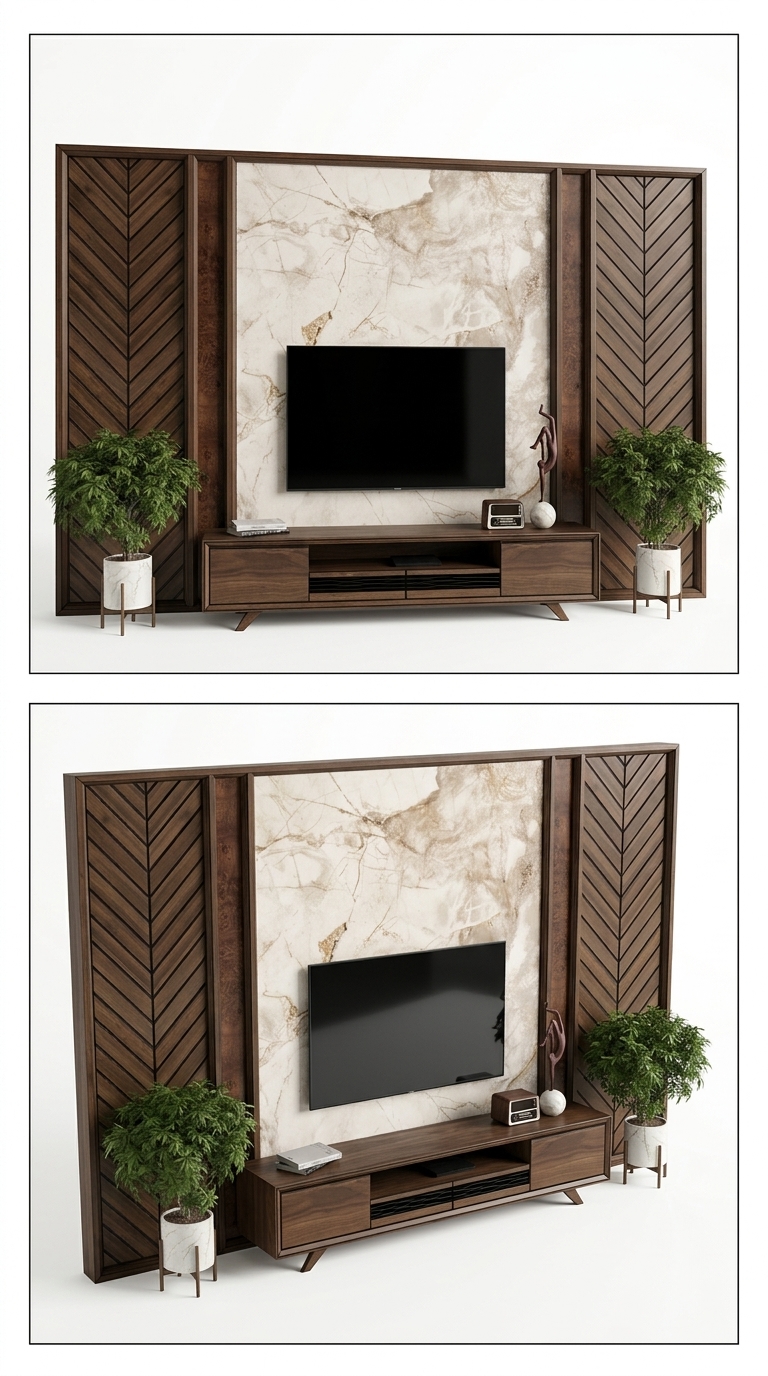 9. Model SketchUp kệ tivi phong cách Luxury phối vách gỗ xương cá và đá tự nhiên (Tải miễn phí)