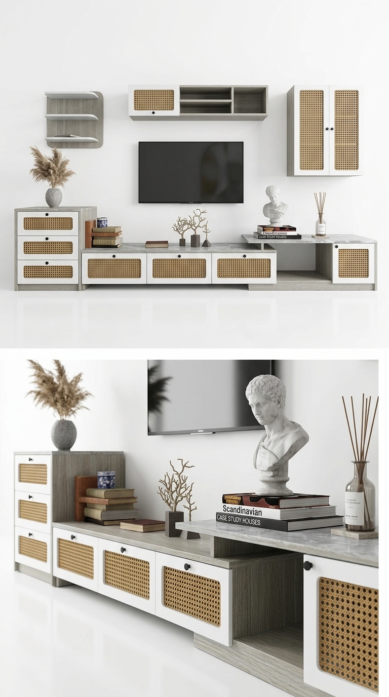 10. Tải miễn phí Model SketchUp hệ kệ tivi phong cách Indochine kết hợp mây tre đan độc đáo