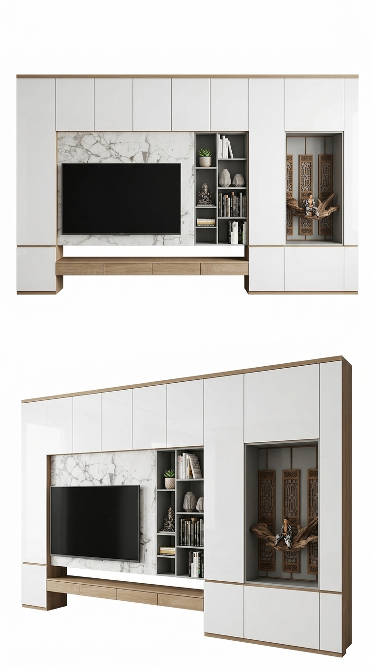 13. Model SketchUp hệ tủ tivi kịch trần hiện đại phối vách đá và kệ trang trí (Tải miễn phí)