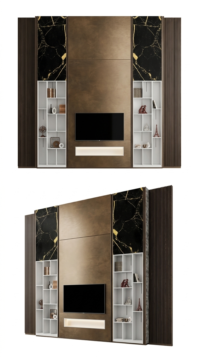 16. Model SketchUp kệ tivi Luxury kết hợp vách đá Marble đen tia chớp và nan gỗ trang trí