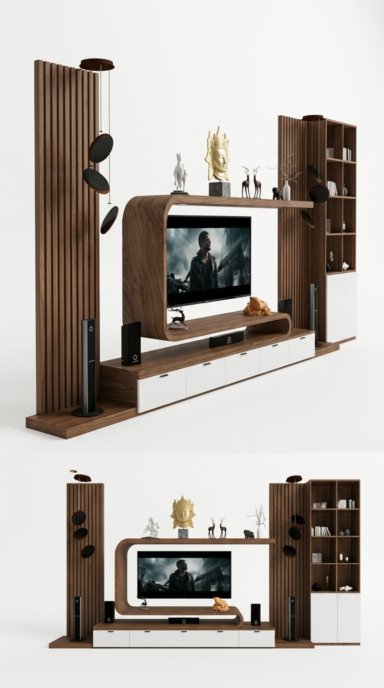 20. Model SketchUp kệ tivi decor nghệ thuật với đường cong Slab gỗ uốn lượn độc đáo