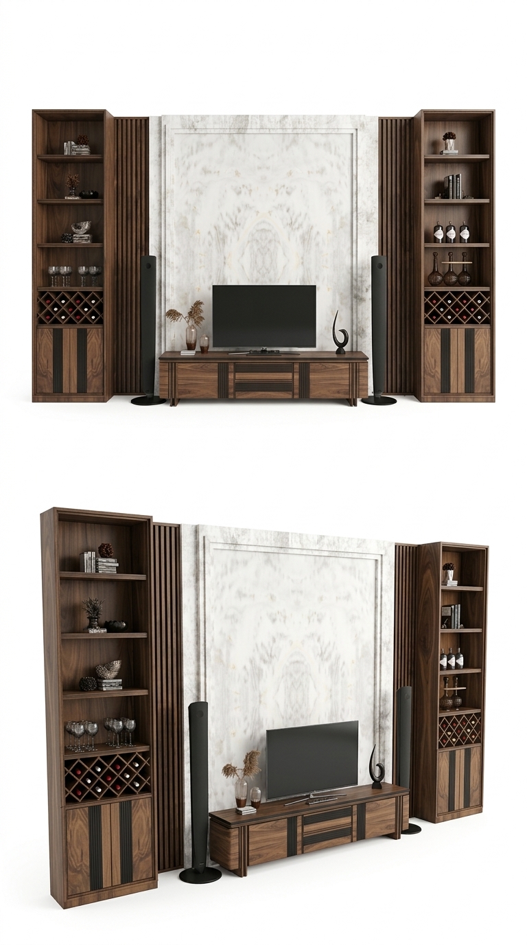 23. Thư viện SketchUp hệ tủ tivi kết hợp tủ rượu và vách đá trắng vân mây cổ điển