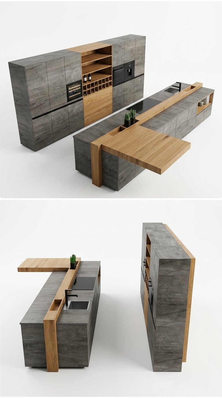 19. Thư viện Model Sketchup hệ tủ bếp gỗ kết hợp đá Slate phong cách Modern Luxury